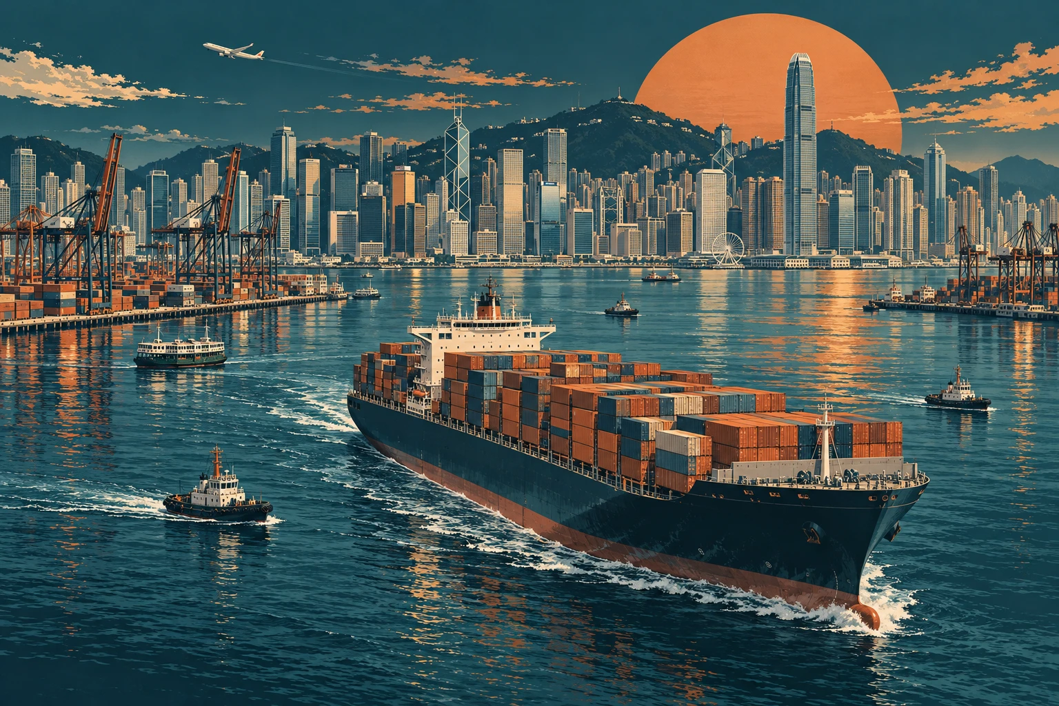 港口货轮、集装箱与香港城市轮廓的概念插画